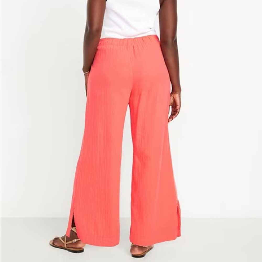 Crinkle Gauze Coral Wide-Leg Pants - Picture 2 of 7